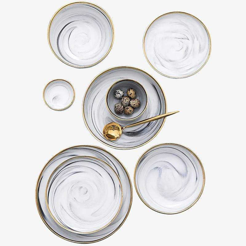 Canova | Luxury Marble Porcelain Dinnerware Set with Gold Rim – 8-Piece Round Design