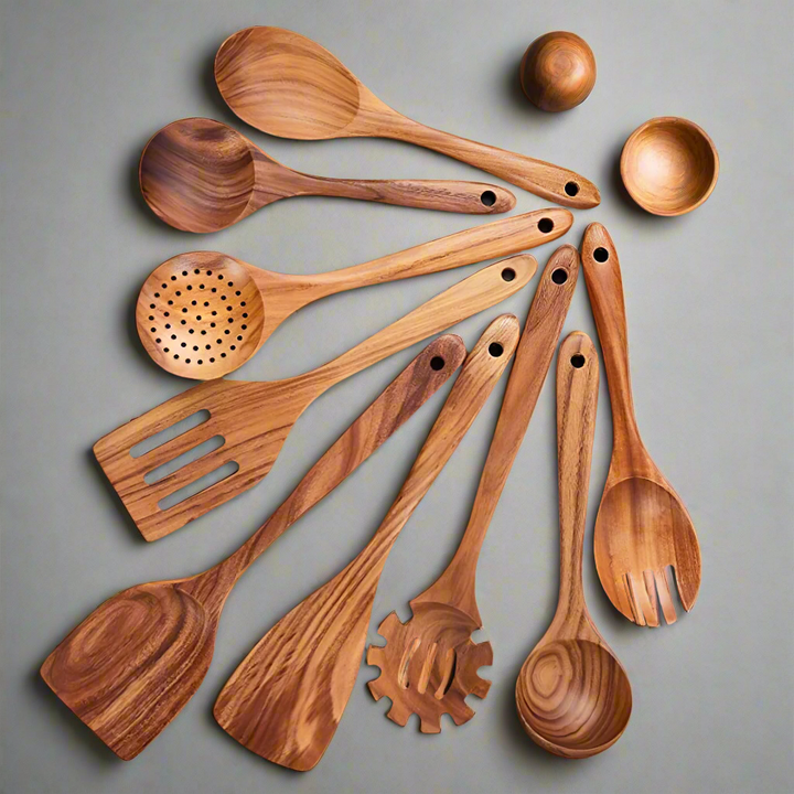 Ensemble de cuisine en teck | Ustensiles de cuisine en bois durable pour chaque cuisine