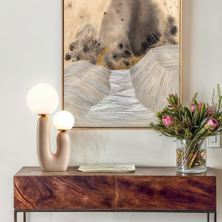 Athenea Table Lamp | U-Shaped Design with Double Light Sphere | Beige or Green