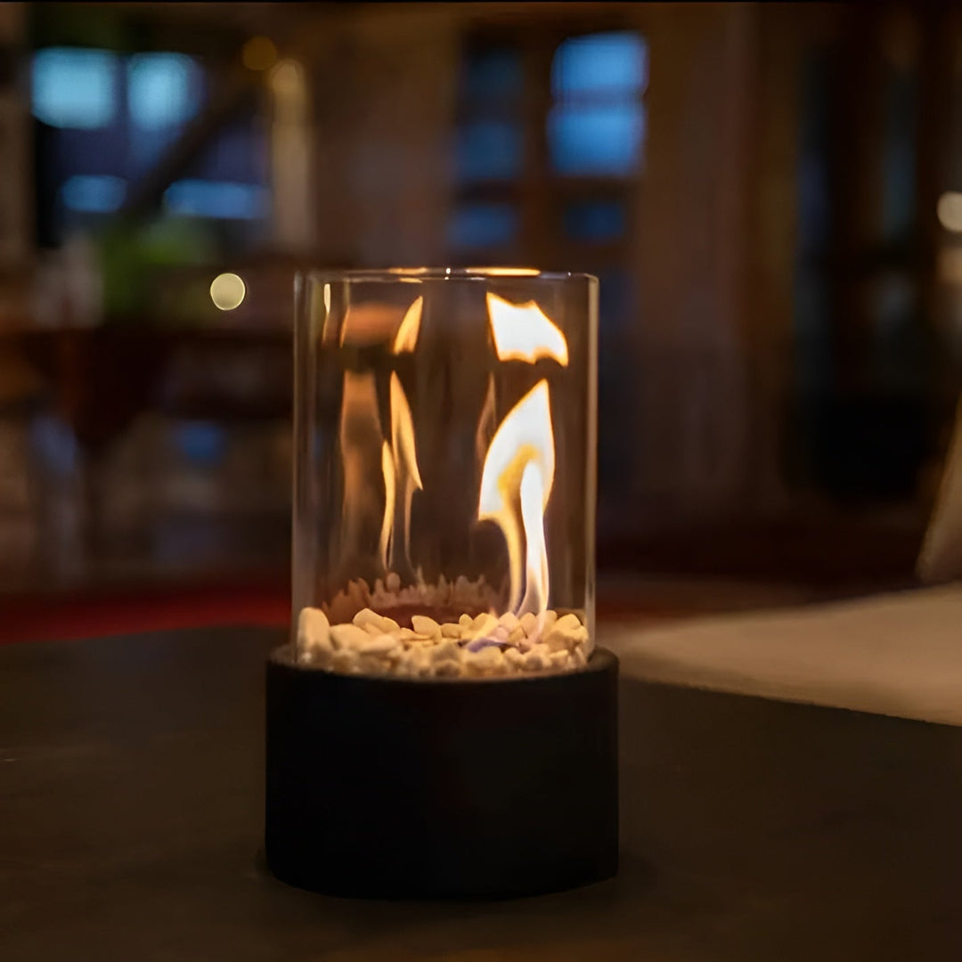 SleekFlame | Modern Table Fireplace with Glass Cylinder &amp; Black Metal Base – Clean-Burning Bio-Ethanol Fireplace