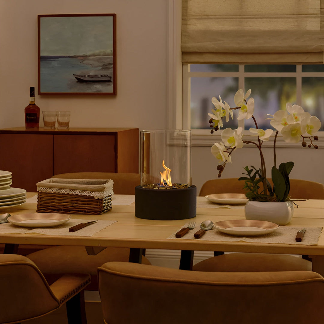 SleekFlame | Modern Table Fireplace with Glass Cylinder &amp; Black Metal Base – Clean-Burning Bio-Ethanol Fireplace