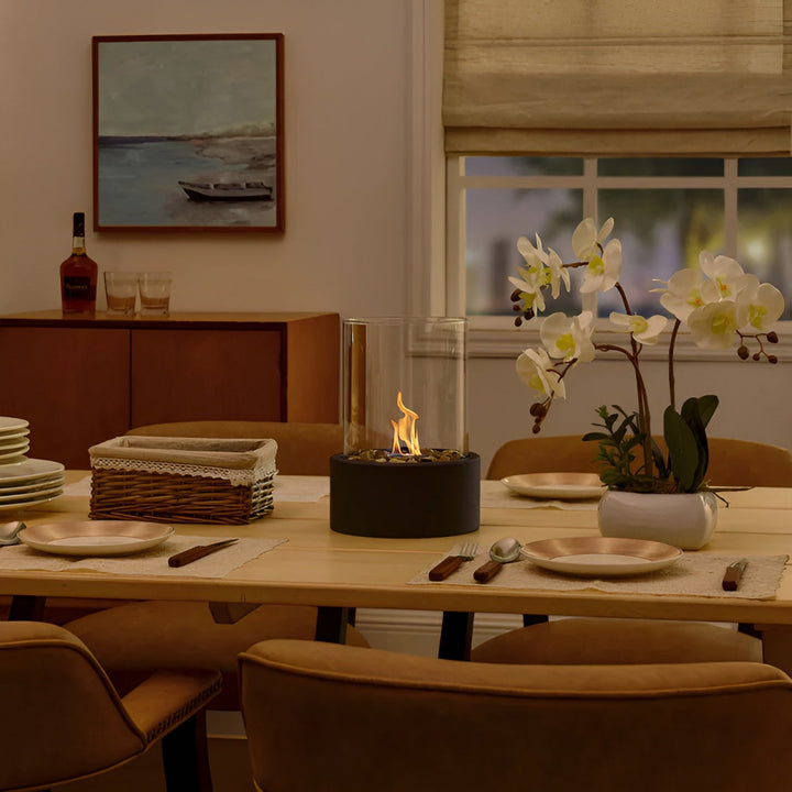 SleekFlame | Modern Table Fireplace with Glass Cylinder &amp; Black Metal Base – Clean-Burning Bio-Ethanol Fireplace