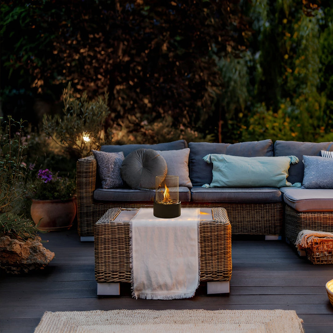 SleekFlame | Modern Table Fireplace with Glass Cylinder &amp; Black Metal Base – Clean-Burning Bio-Ethanol Fireplace