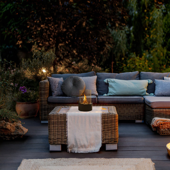 SleekFlame | Modern Table Fireplace with Glass Cylinder &amp; Black Metal Base – Clean-Burning Bio-Ethanol Fireplace