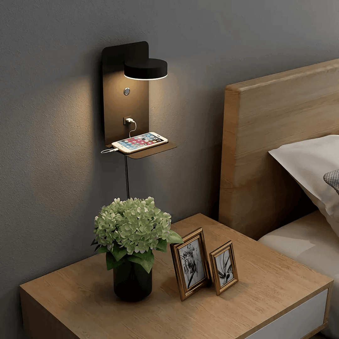 Luminaire | Rotating Wall Lamp with Shelf &amp; USB Charging Station