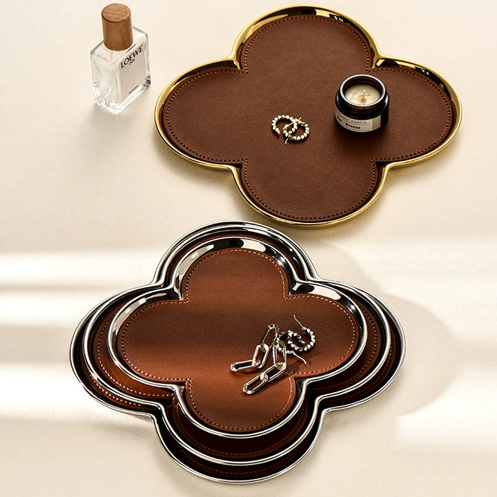 Giovanni Clover Tray | Handmade Cognac Leather Jewelry Tray | Gold/Silver Accent