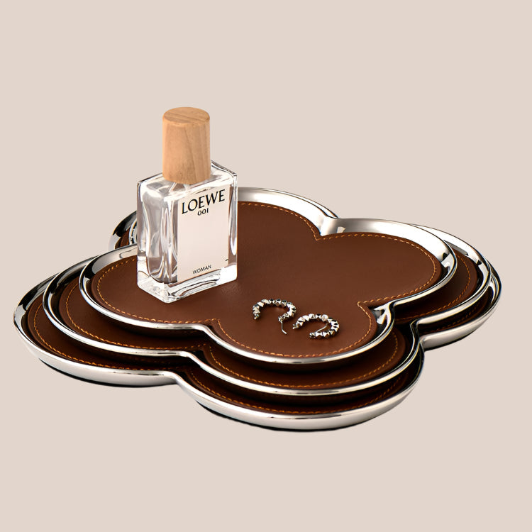 Giovanni Clover Tray | Handmade Cognac Leather Jewelry Tray | Gold/Silver Accent