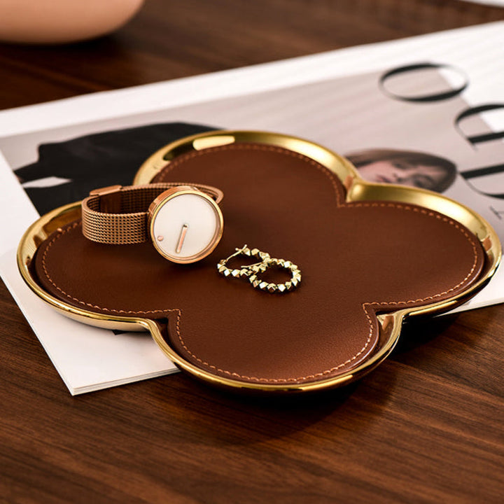 Giovanni Clover Tray | Handmade Cognac Leather Jewelry Tray | Gold/Silver Accent