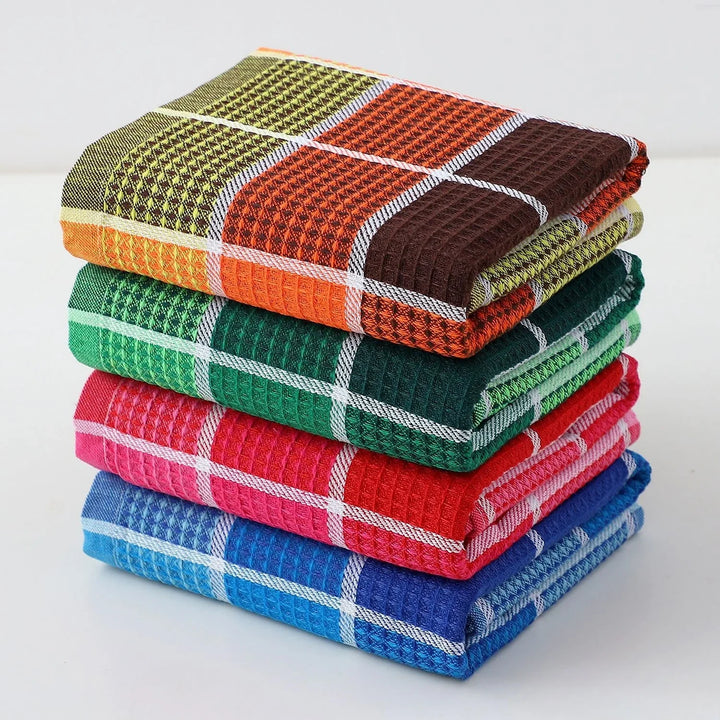 Set of 4 Waffle Kitchen Towels | Retro Check Pattern | Quick Dry | Soft Cotton