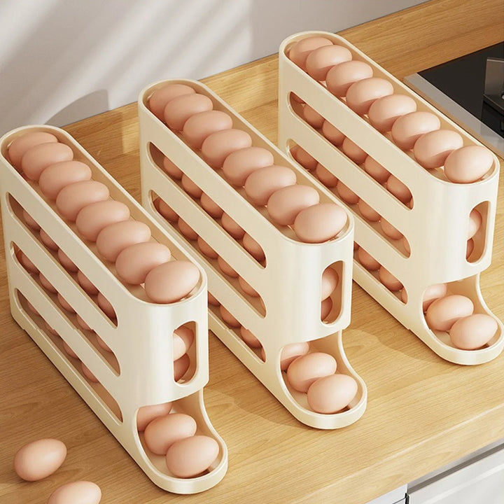 Egg Storage Box | 4-Tier Space-Saving Egg Tray with Automatic Roll Function