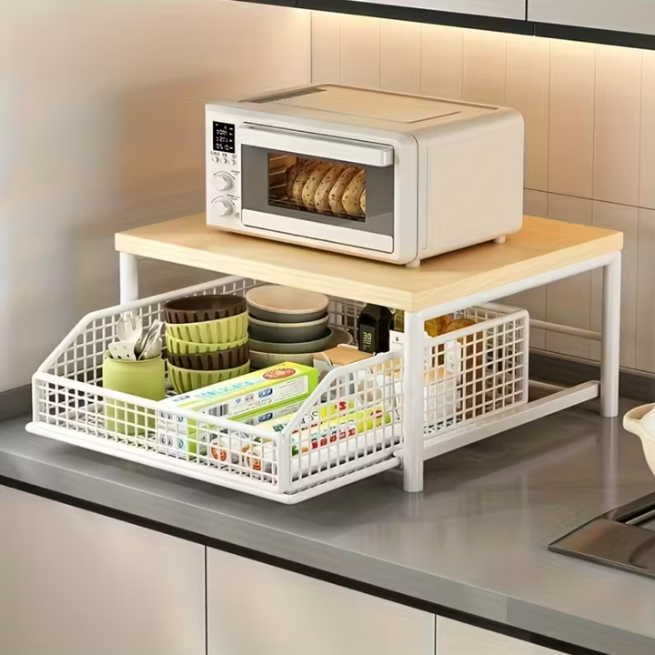 Kitchen Organizer Shelf | Wooden Top &amp; Metal Frame | Space-Saving Storage Rack