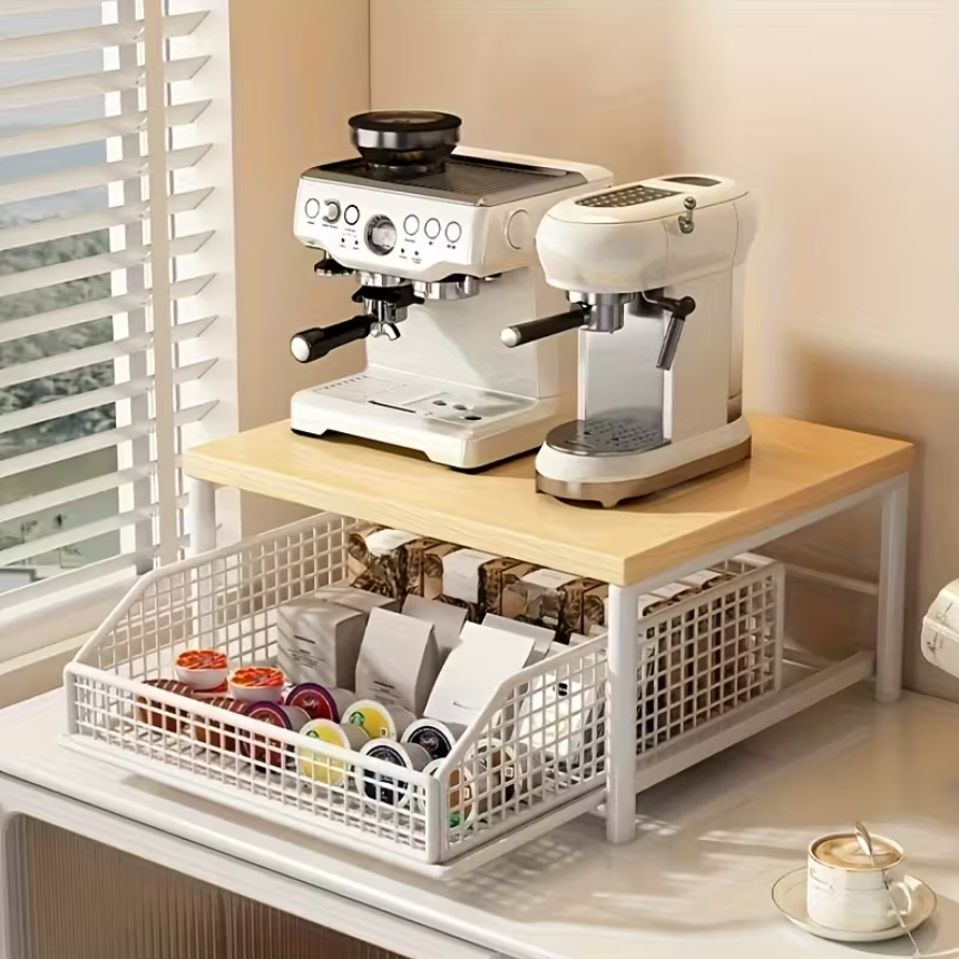 Kitchen Organizer Shelf | Wooden Top &amp; Metal Frame | Space-Saving Storage Rack