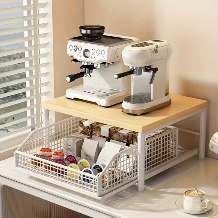 Kitchen Organizer Shelf | Wooden Top &amp; Metal Frame | Space-Saving Storage Rack