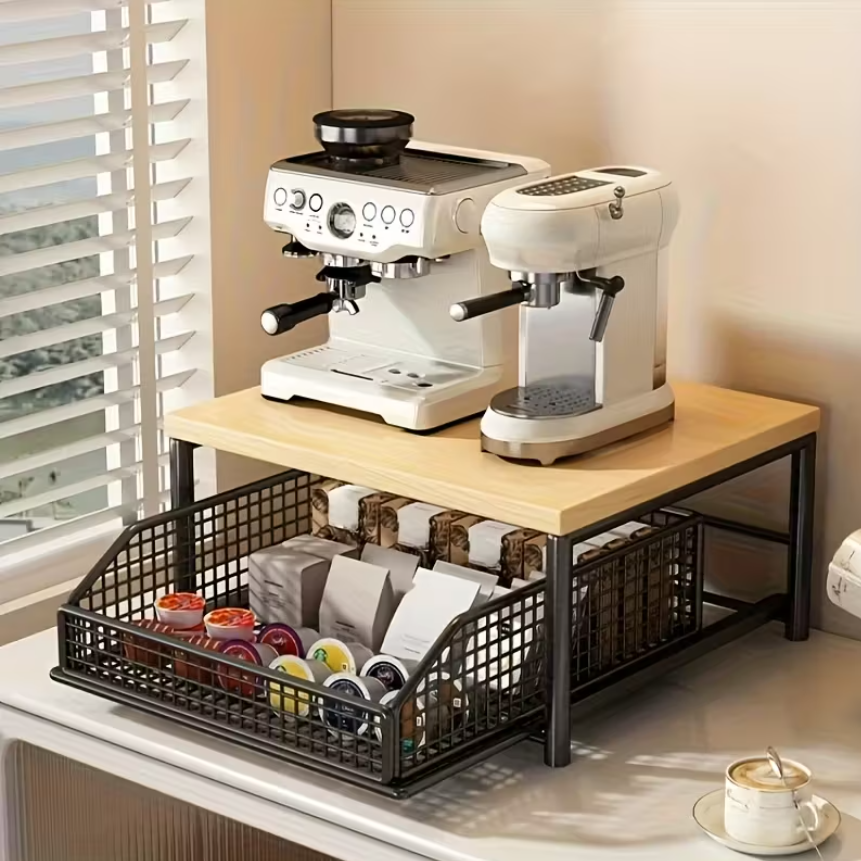 Kitchen Organizer Shelf | Wooden Top &amp; Metal Frame | Space-Saving Storage Rack