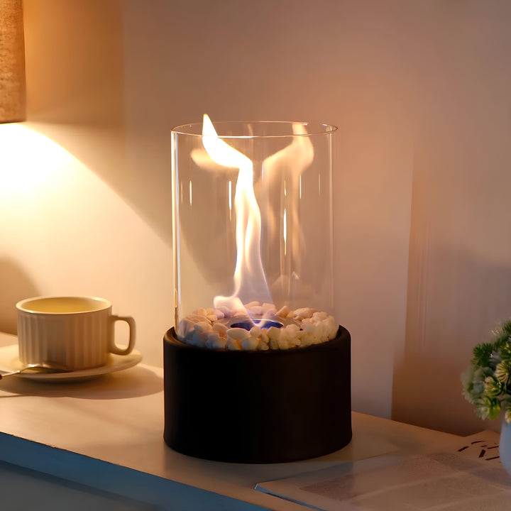 SleekFlame | Modern Table Fireplace with Glass Cylinder &amp; Black Metal Base – Clean-Burning Bio-Ethanol Fireplace