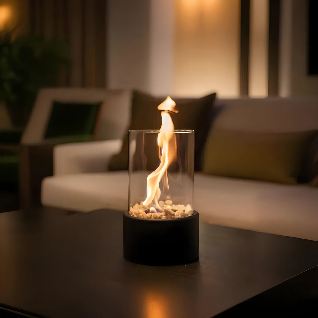 SleekFlame | Modern Table Fireplace with Glass Cylinder &amp; Black Metal Base – Clean-Burning Bio-Ethanol Fireplace