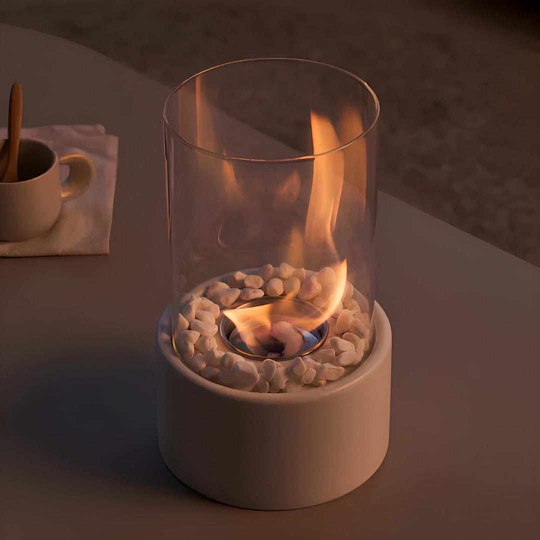 SleekFlame | Modern Table Fireplace with Glass Cylinder &amp; Black Metal Base – Clean-Burning Bio-Ethanol Fireplace