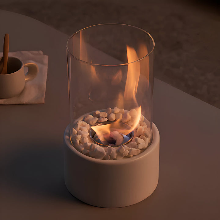 SleekFlame | Modern Table Fireplace with Glass Cylinder &amp; Black Metal Base – Clean-Burning Bio-Ethanol Fireplace