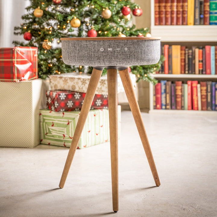 Mersenne | Bluetooth Speaker Side Table with 360° Sound, Wireless Charging &amp; Walnut Legs