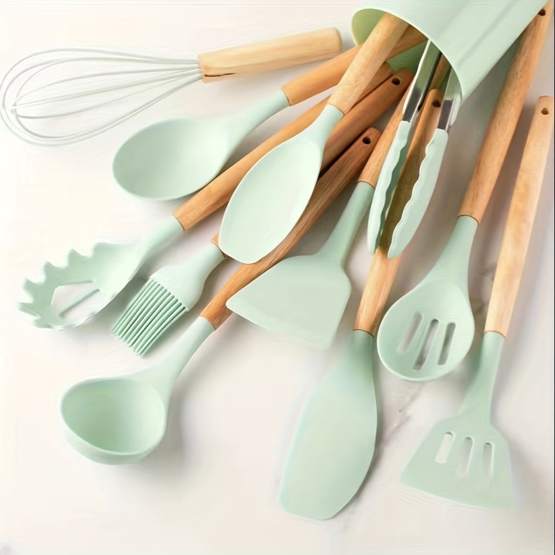 Silicone Kitchen Utensil Set 12-Piece | Heat-Resistant with Wooden Handles