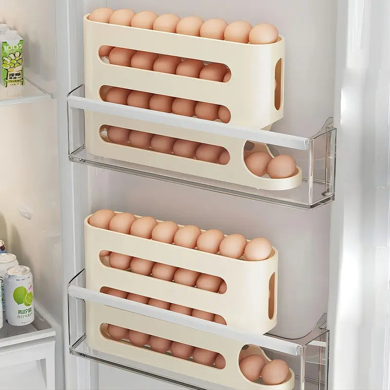 Egg Storage Box | 4-Tier Space-Saving Egg Tray with Automatic Roll Function