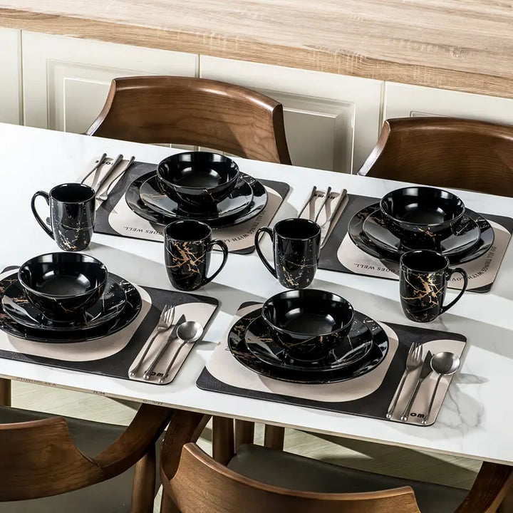 MarbellaGold | 16-Piece Black Porcelain Dinnerware Set with Gold Marble Pattern – Serves 4