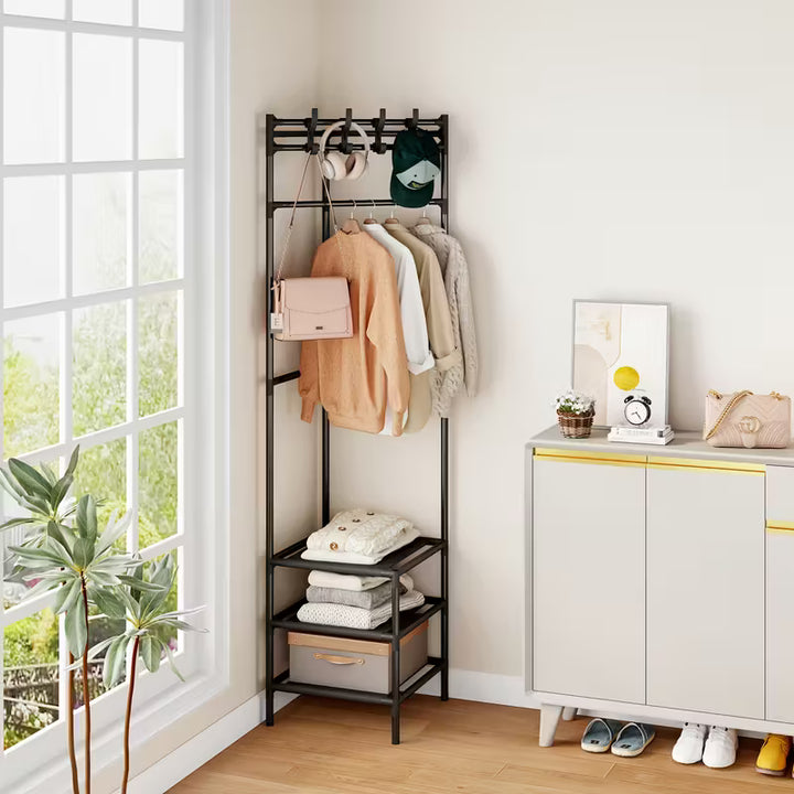 Metal Corner Shelf with Hooks | 3-Tier Storage Rack for Coats, Hats &amp; Accessories