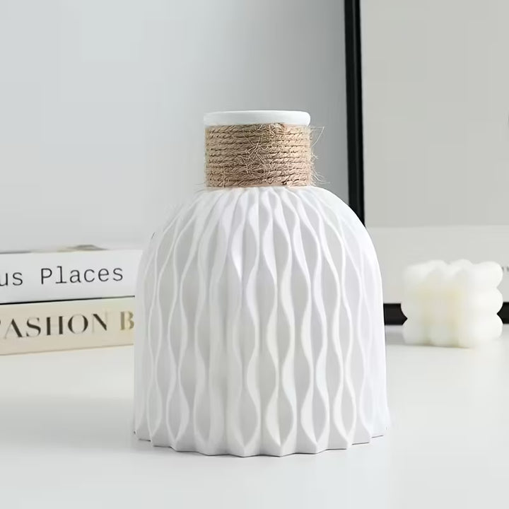 Nordic Ceramic Flower Vase | Geometric Relief &amp; Rope Detail