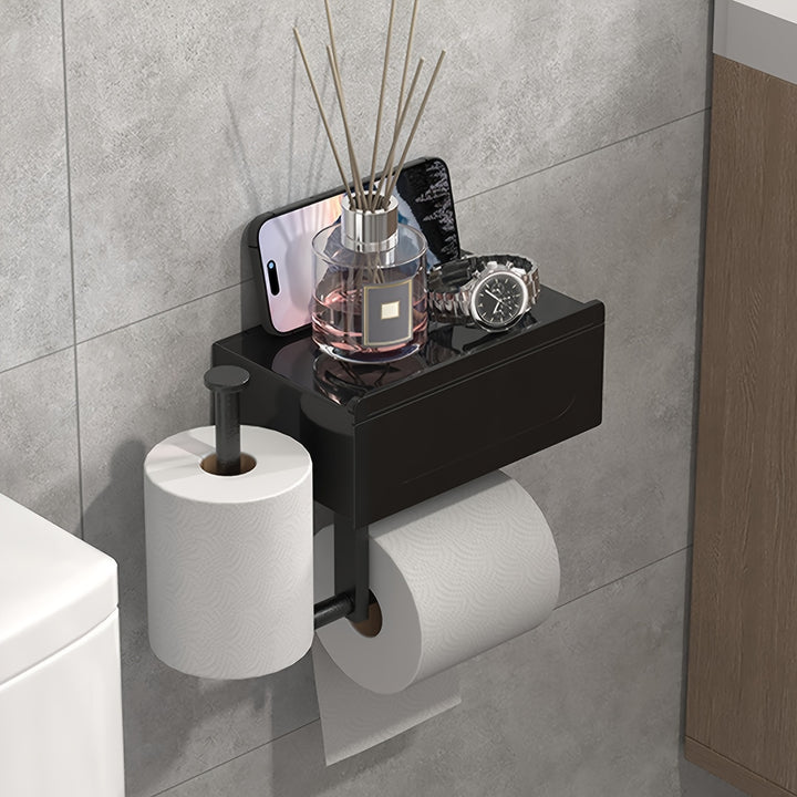 Black Toilet Roll Holder with Shelf | Self-Adhesive &amp; Drill-Free | Modern Metal