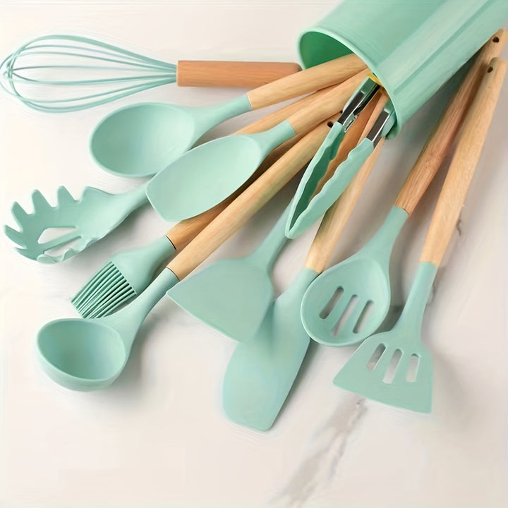 Silicone Kitchen Utensil Set 12-Piece | Heat-Resistant with Wooden Handles