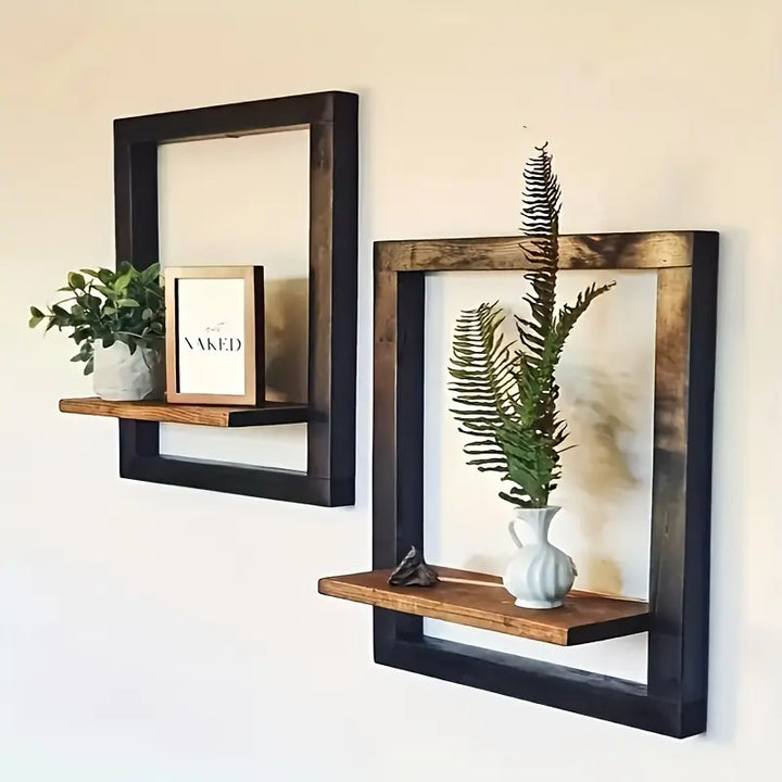 2-Piece Wooden Wall Shelf Set | Vintage Black &amp; Brown Wall Racks | 40x25 cm &amp; 21x35.5 cm