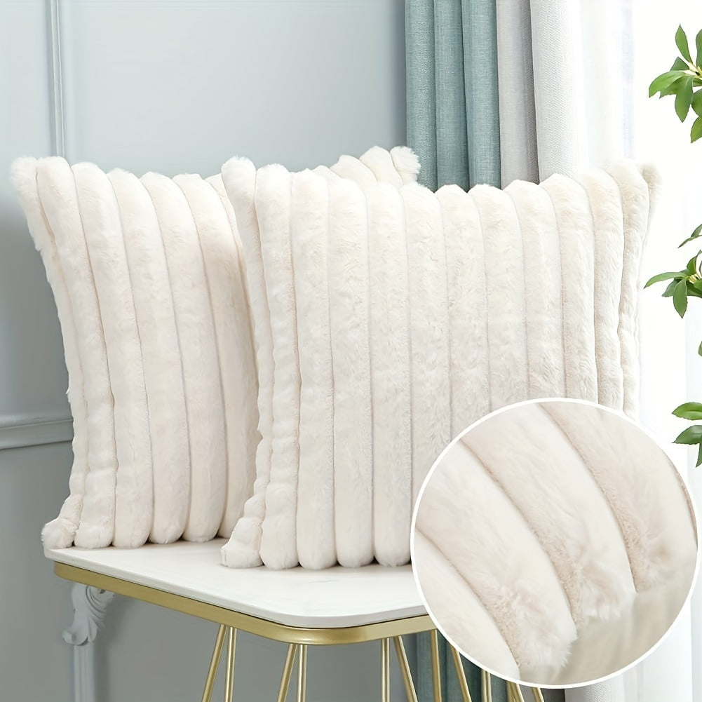 2-Piece Luxury Cushion Cover Set | Cream White Plush Faux Fur with Striped Design