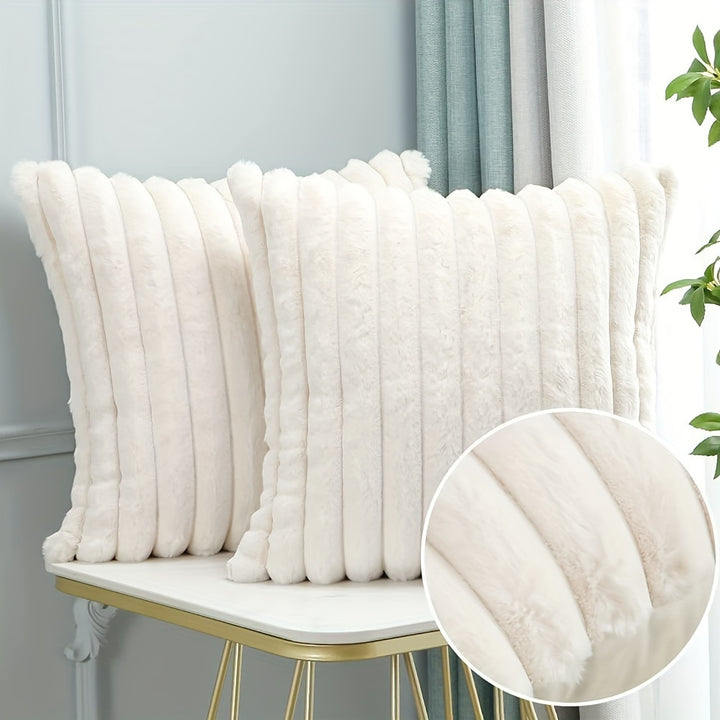 2-Piece Luxury Cushion Cover Set | Cream White Plush Faux Fur with Striped Design