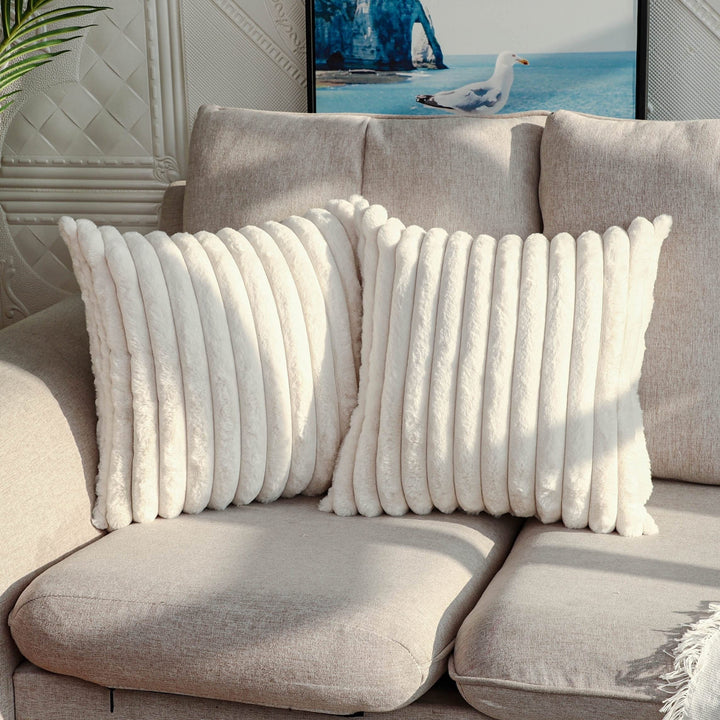2-Piece Luxury Cushion Cover Set | Cream White Plush Faux Fur with Striped Design