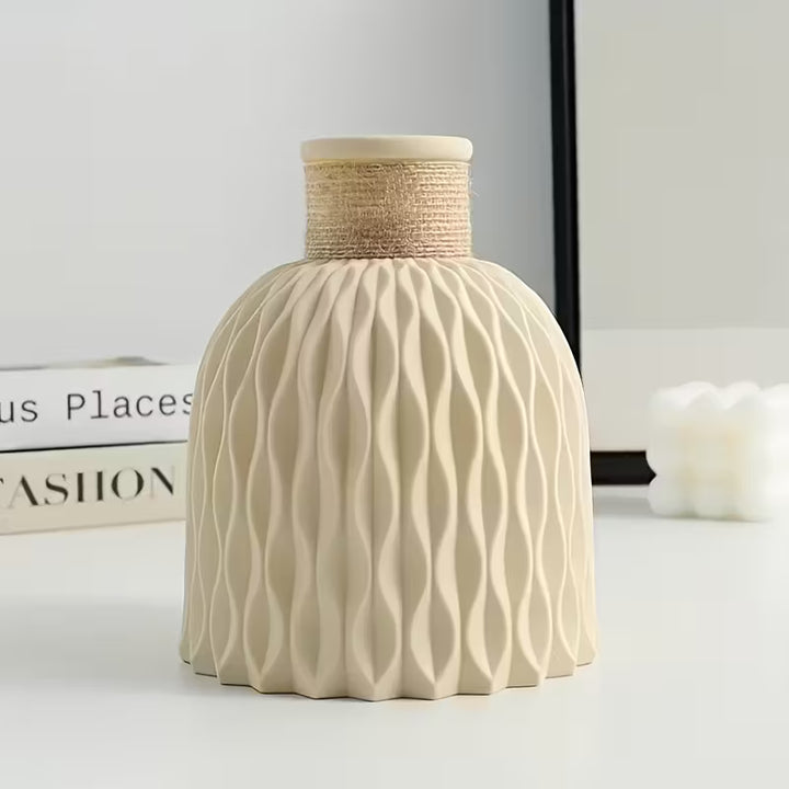 Nordic Ceramic Flower Vase | Geometric Relief &amp; Rope Detail