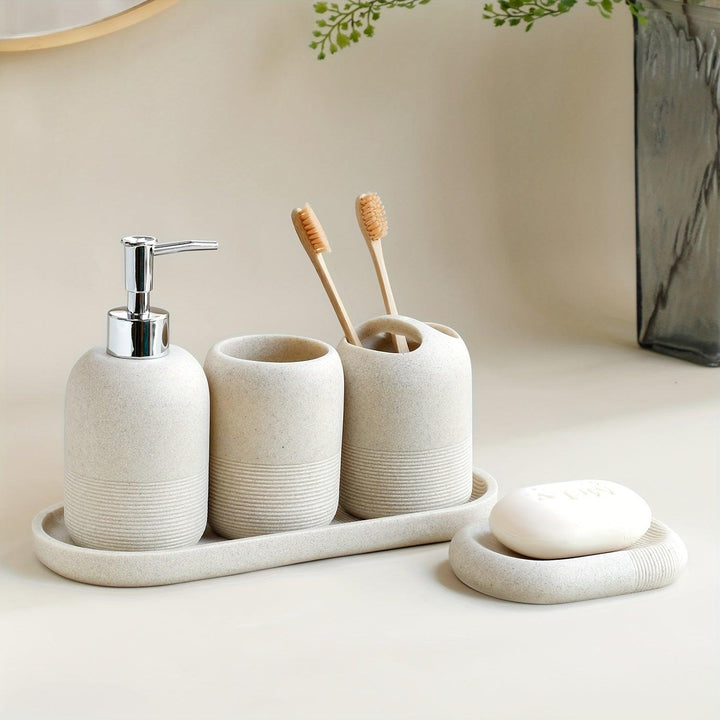 5-Piece Modern Bathroom Accessory Set | Luxury Organizer with Dispenser, Cups &amp; Soap Dish