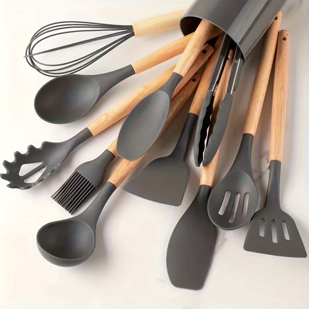 Silicone Kitchen Utensil Set 12-Piece | Heat-Resistant with Wooden Handles