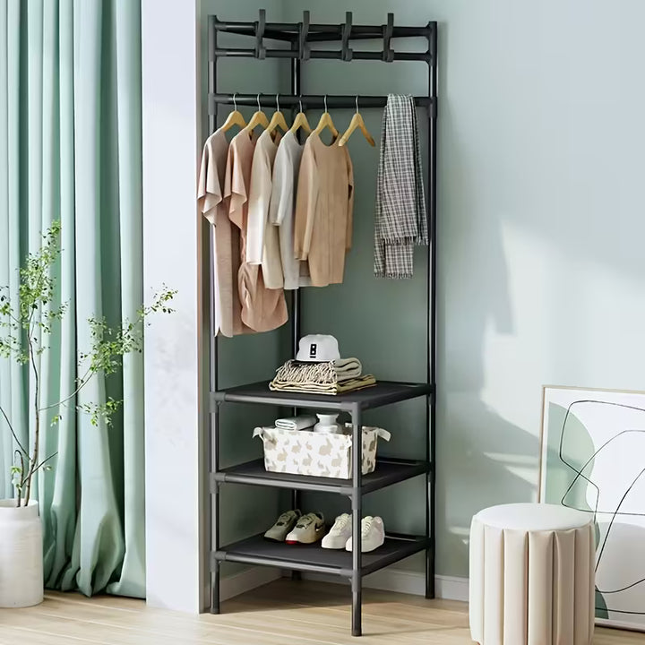 Metal Corner Shelf with Hooks | 3-Tier Storage Rack for Coats, Hats &amp; Accessories