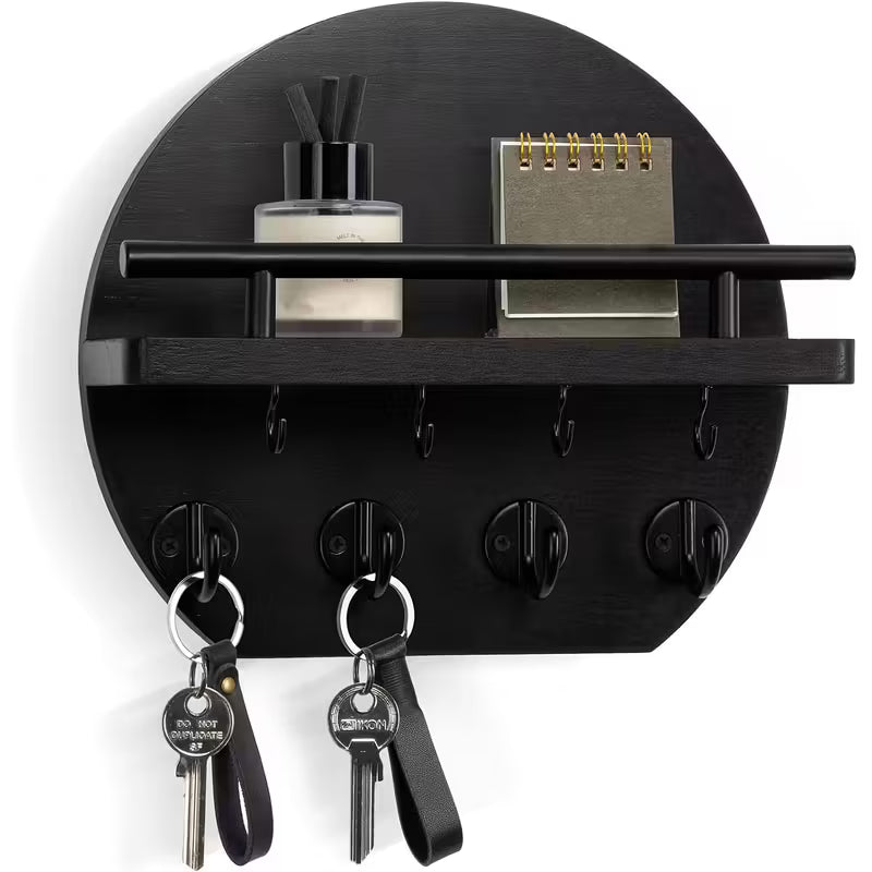 Round Wooden Key Holder with Shelf | Wall Organizer with 8 Hooks