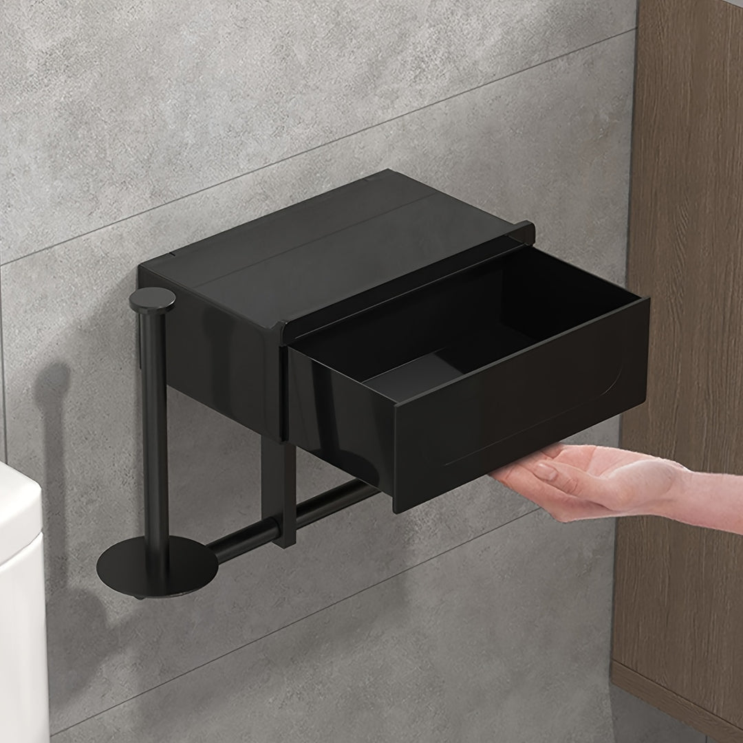 Black Toilet Roll Holder with Shelf | Self-Adhesive &amp; Drill-Free | Modern Metal