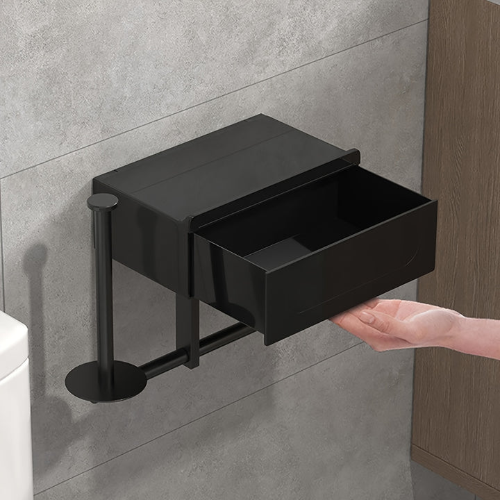Black Toilet Roll Holder with Shelf | Self-Adhesive &amp; Drill-Free | Modern Metal