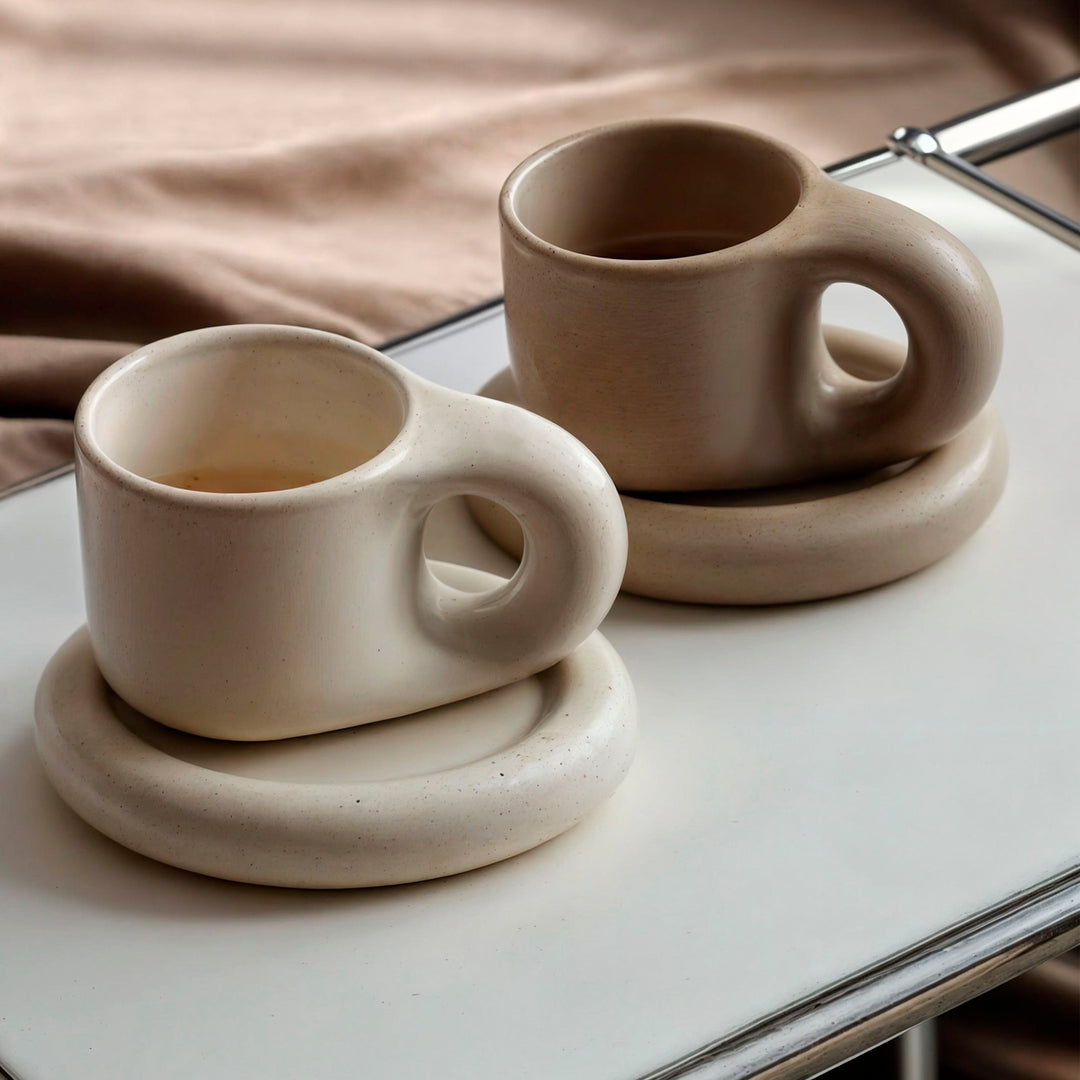 Japandi Handmade Porcelain Set | Minimalist Geometric Design | Cup &amp; Saucer