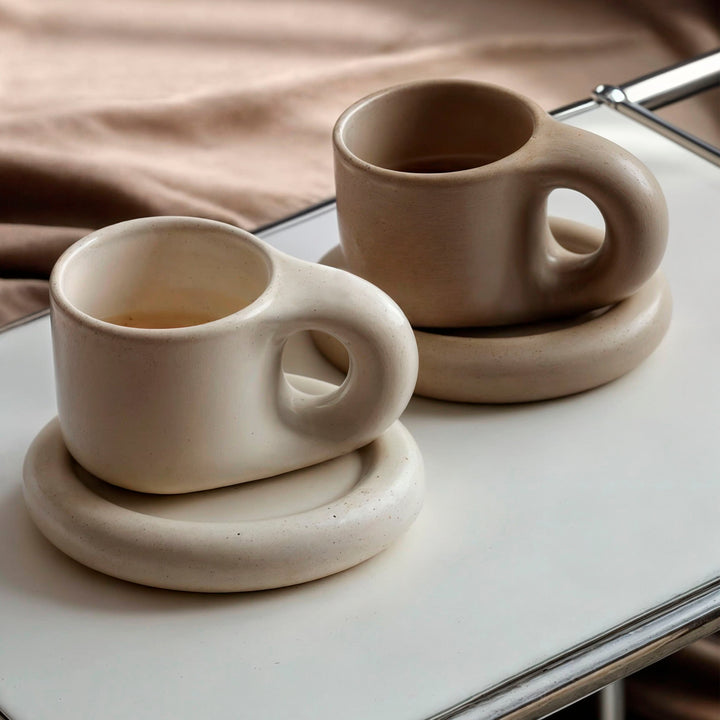 Japandi Handmade Porcelain Set | Minimalist Geometric Design | Cup &amp; Saucer