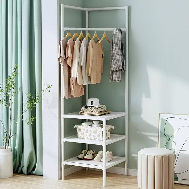 Metal Corner Shelf with Hooks | 3-Tier Storage Rack for Coats, Hats &amp; Accessories