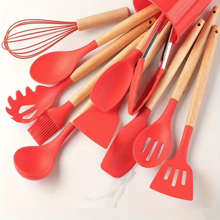 Silicone Kitchen Utensil Set 12-Piece | Heat-Resistant with Wooden Handles