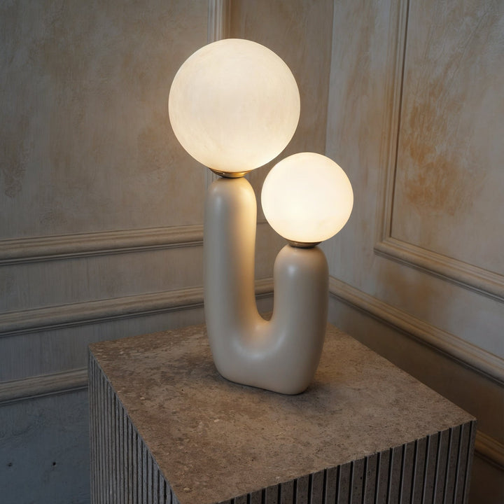 Athenea Table Lamp | U-Shaped Design with Double Light Sphere | Beige or Green