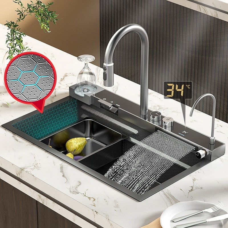 IntelliFlow | Smart Stainless Steel Sink with Multifunction Faucet, Digital Temperature Display &amp; Cold/Hot Water Control