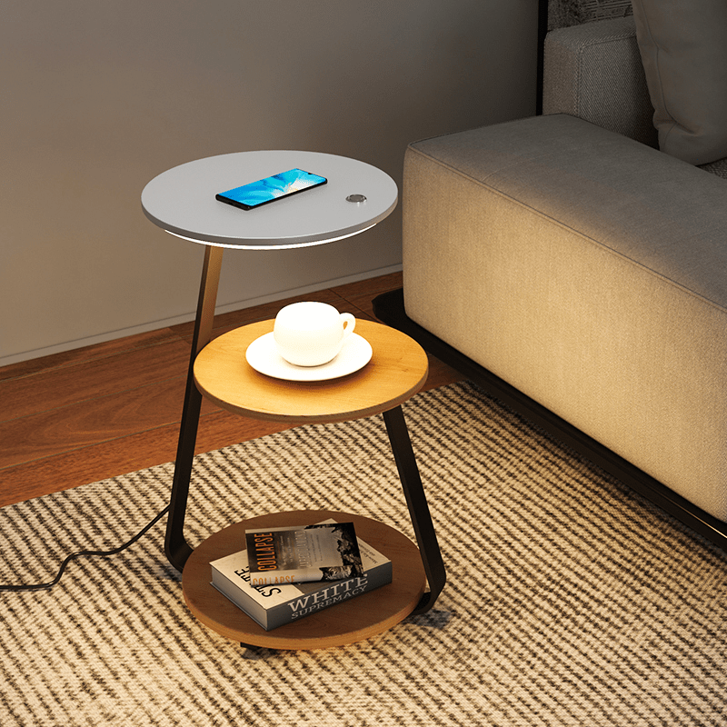 Modern Side Table with Wireless Charger &amp; Built-in Lamp | 60×36×34 cm