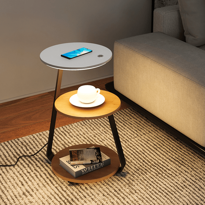Modern Side Table with Wireless Charger &amp; Built-in Lamp | 60×36×34 cm