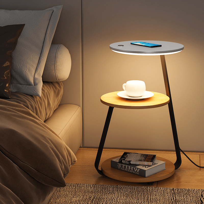 Modern Side Table with Wireless Charger &amp; Built-in Lamp | 60×36×34 cm